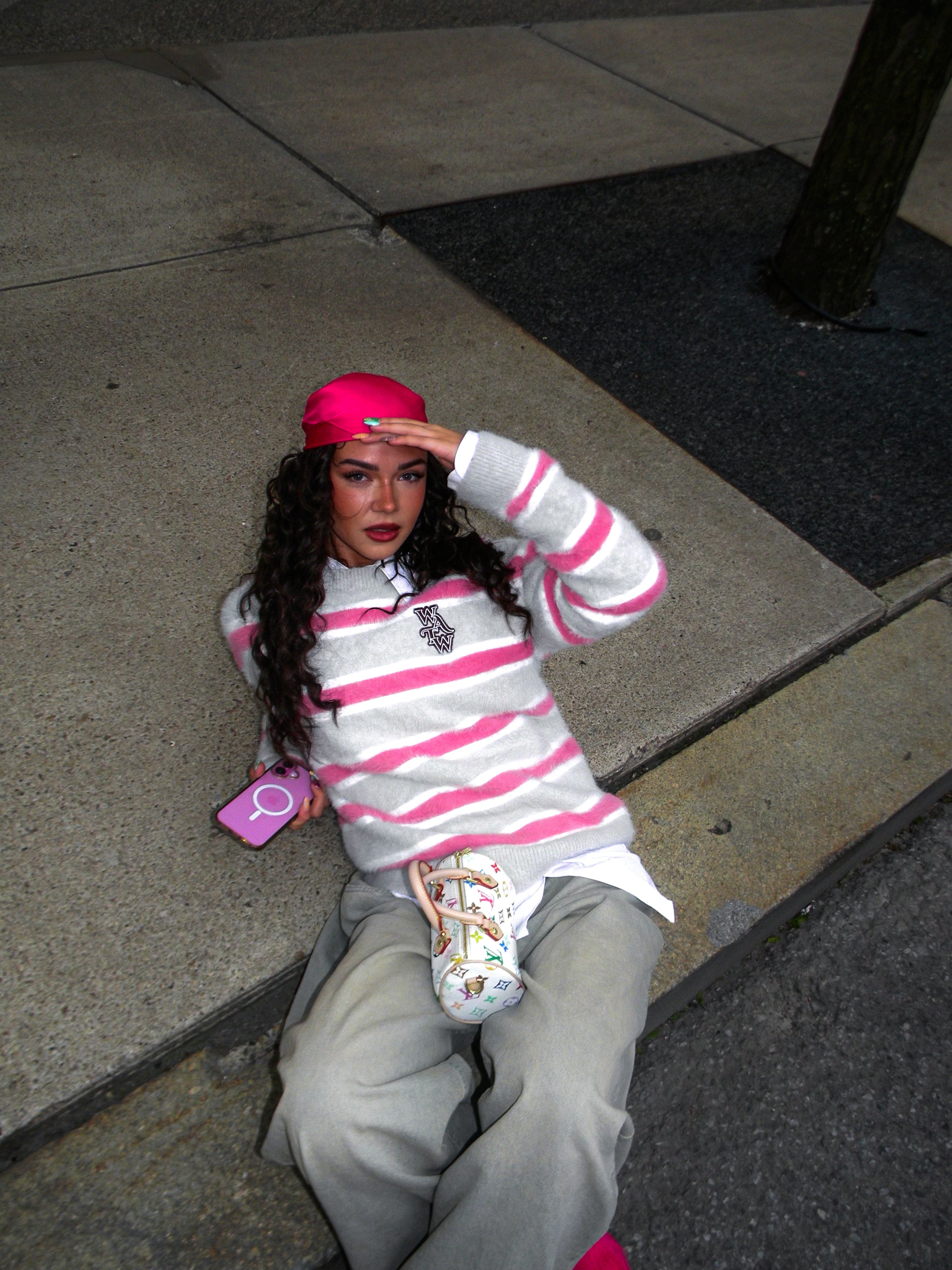 Pink & Grey Striped "WATW" Mohair Sweater