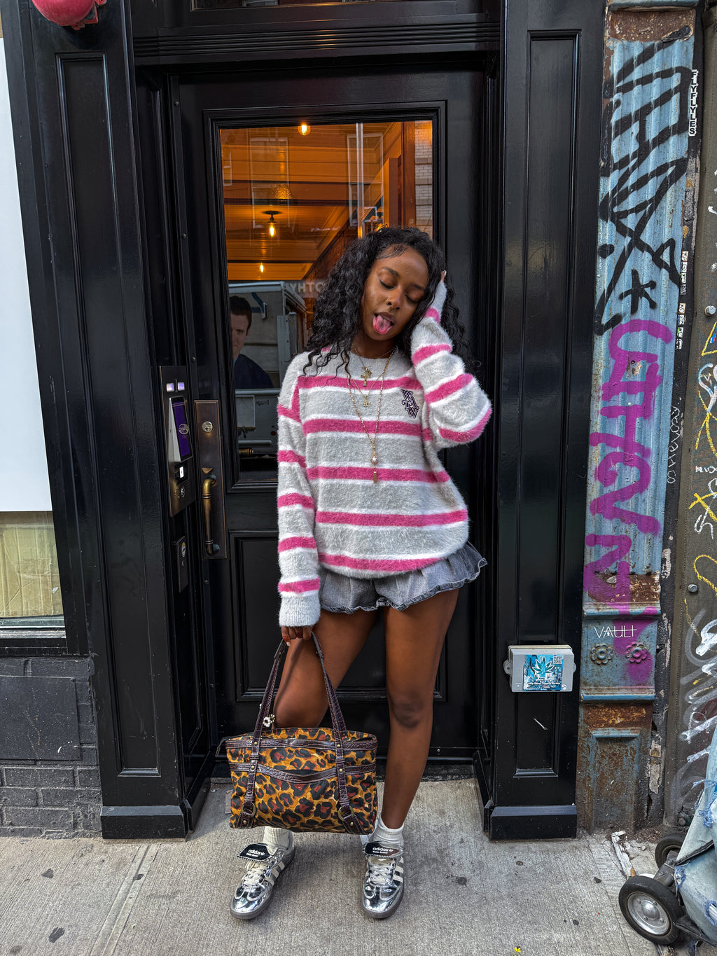 Pink & Grey Striped "WATW" Mohair Sweater