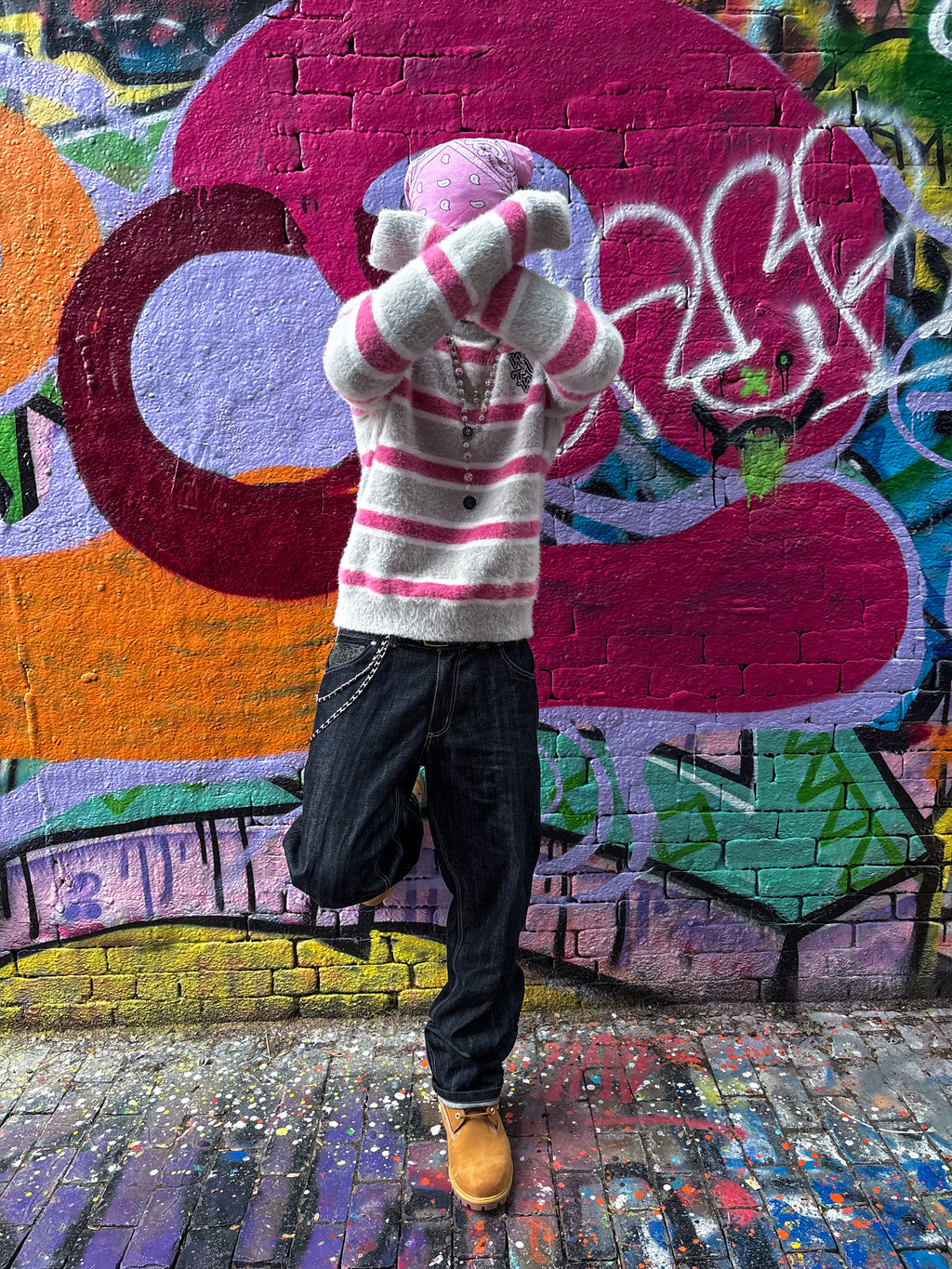 Pink & Grey Striped "WATW" Mohair Sweater